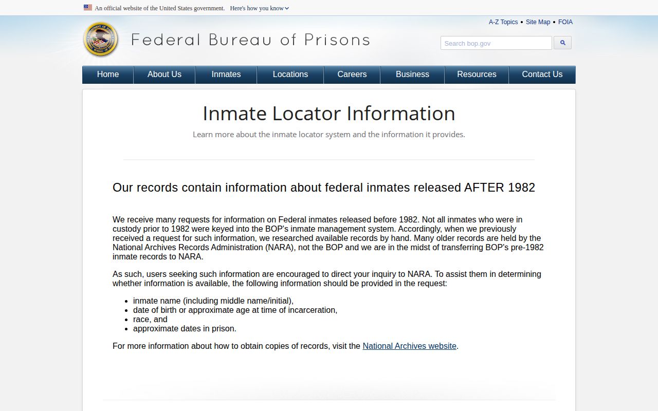 Federal Bureau of Prisons inmate record explanation