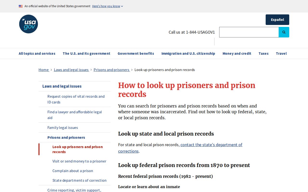 USA.gov official prisoner records guidance