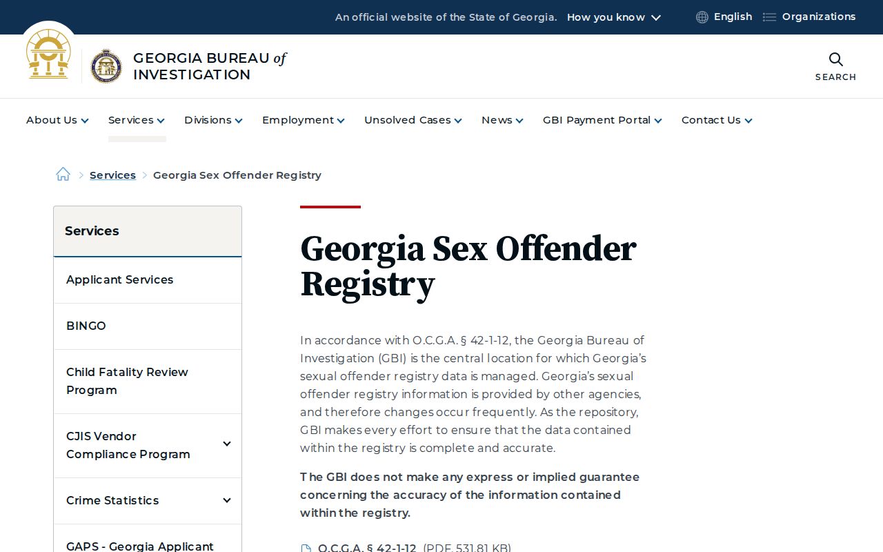 Georgia Bureau of Investigation official registry service page